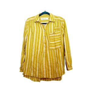 Free People Golden Yellow Striped Button Down Oversized Shirt XS